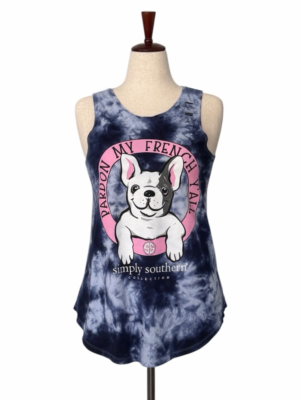 Simply Southern NWT Pardon My French Yall Tie Dye Frenchie Bulldog Tank Top Sz L